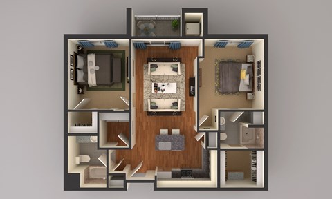 Floor plan for 2 beds, 2 baths, 1038 sqft
